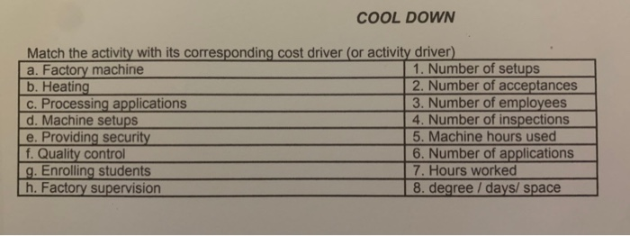 COOL DOWN Match the activity with its corresponding cost driver (or