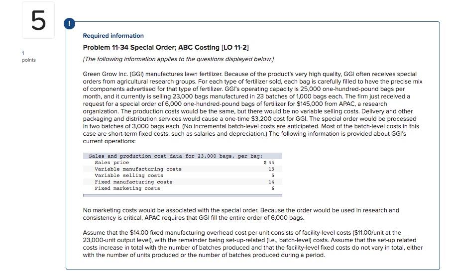  Un 5 ! 1 points Required information Problem 11-34 Special Order;