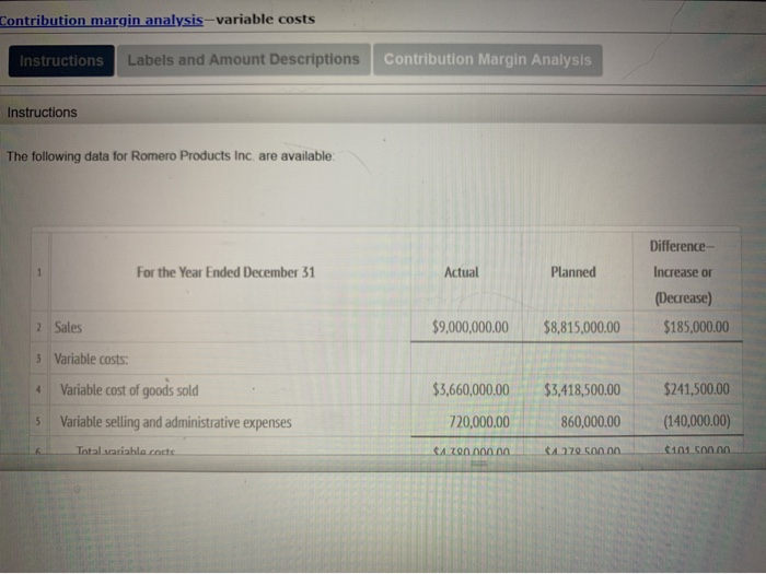  Contribution margin analysis-variable costs Instructions Labels and Amount Descriptions Contribution Margin