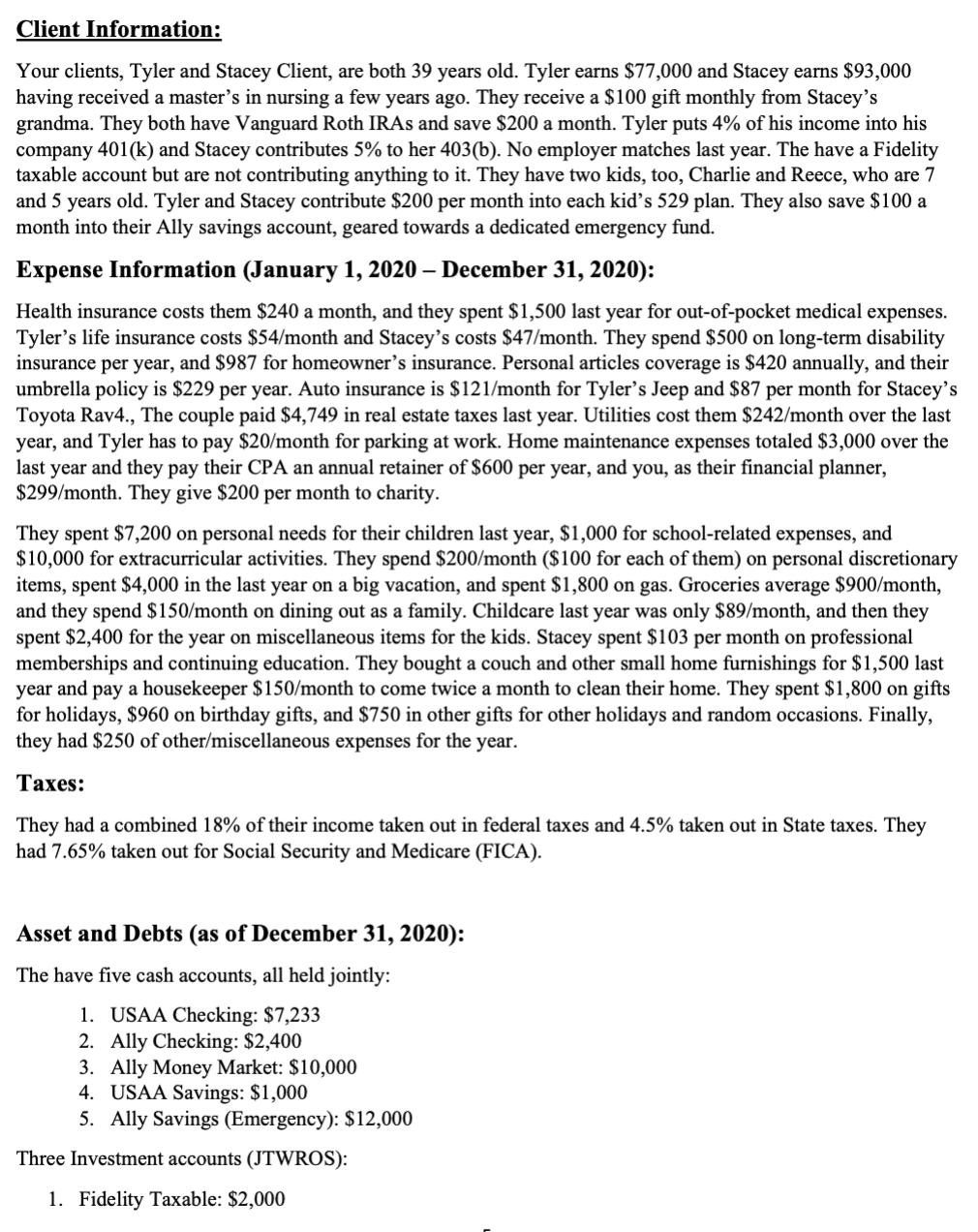 Please put this into a cashflow statement!! Client Information: Your clients, Tyler