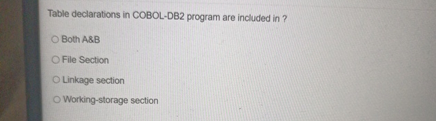  Table declarations in COBOL-DB2 program are included in ? Both A&B