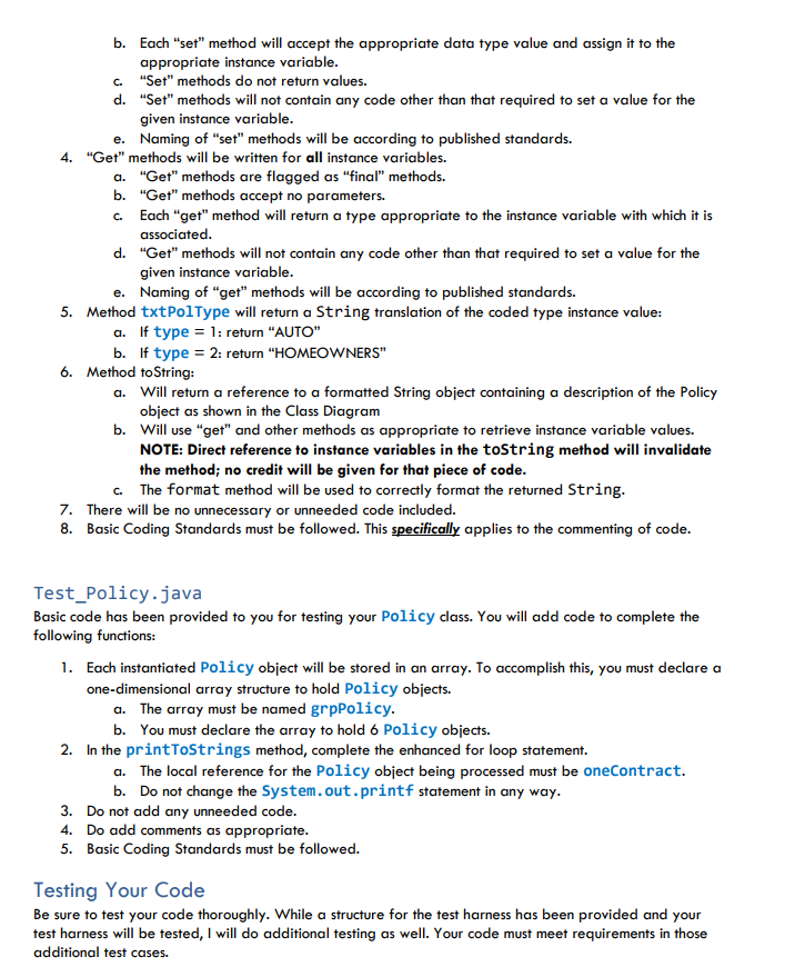 all set methods * > toString * -- all get methods *