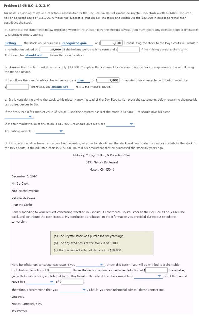 Problem 13-58 (LO. 1, 2, 3, 9) Ira Cook is planning