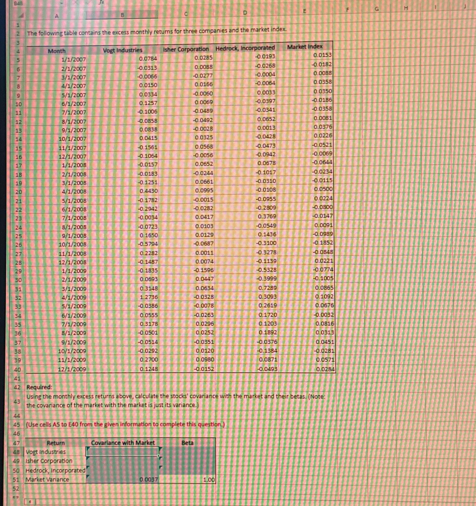  Write the answers as excel formulas. Example: =covar(b3:b5) 