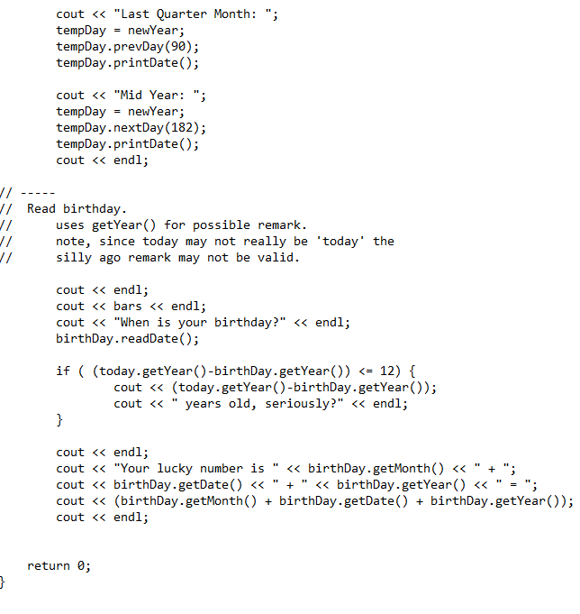 and getYear() functions return the current values for each. The nextDay and