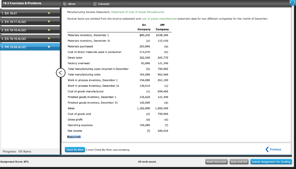 18-3 Exercises & Problems Calculator eBook Manufacturing Income Statement, Statement of