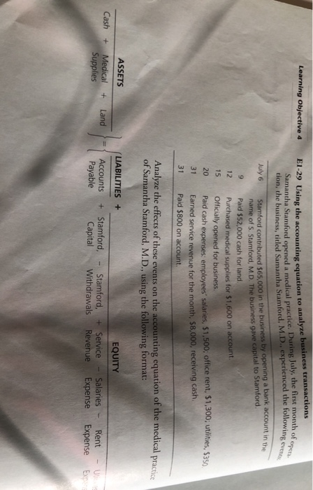  Learning Objective 4 which of open. E1-29 Using the accounting equation