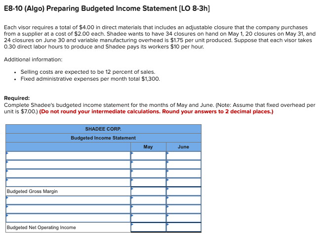 [LO 8-3a, b) Required: 1. Determine Shadee's budgeted total sales for May