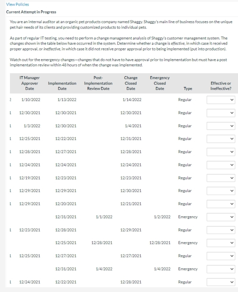  View Policies Current Attempt in Progress You are an internal auditor