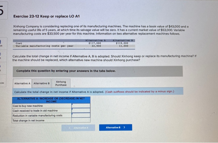  Exercise 23-12 Keep or replace LO A1 Xinhong Company is considering