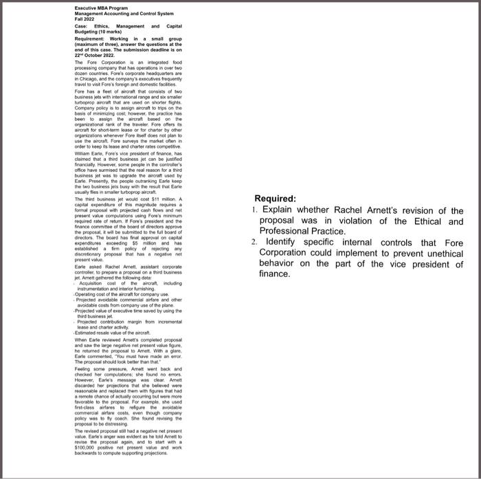  Executive MBA Program Management Accounting and Control System Fall 2022 Case: