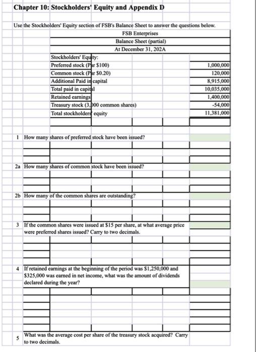 stock holder's equity Chapter 10: Stockholders' Equity and Appendix D Use the