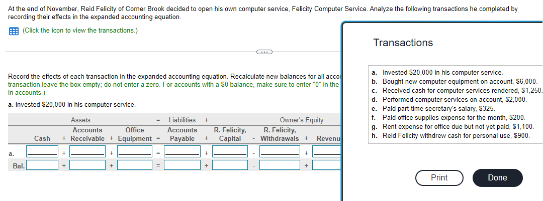 Assets $39,000; Liabilities ?; Owner's Capital, Beginning Balance $19,000; Revenues $12,000; Expenses