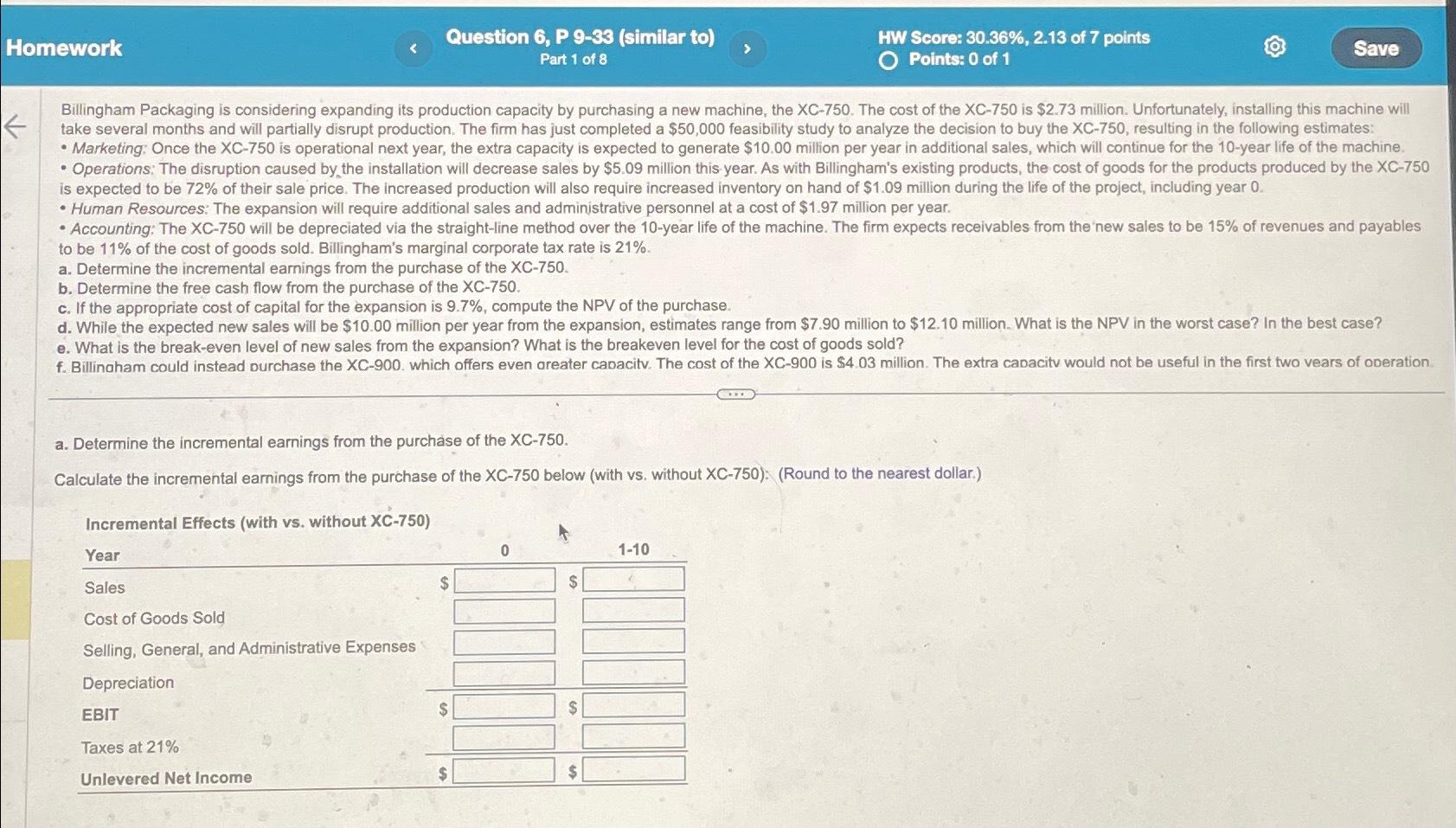  Homework Question 6, P 9-33(similar to) Part 1 of 8 HW