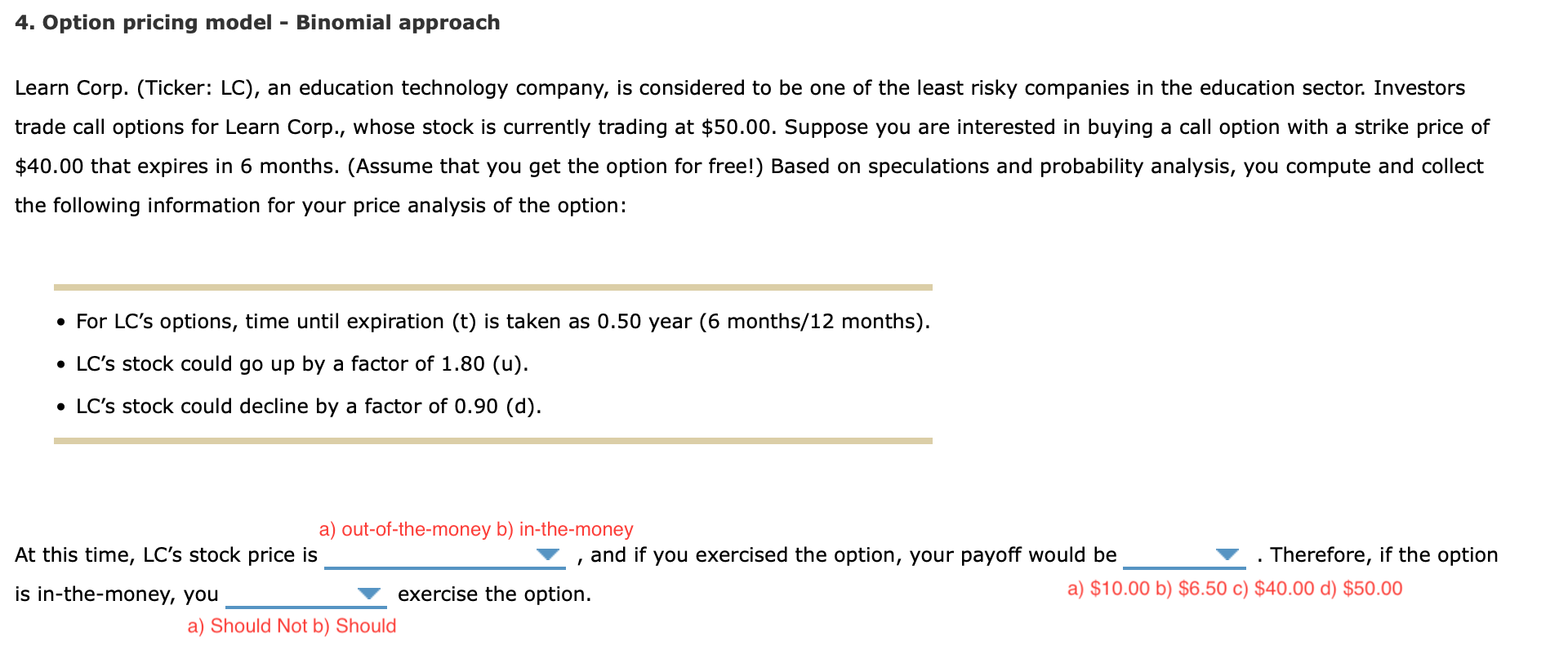  4. Option pricing model - Binomial approach Learn Corp. (Ticker: LC),