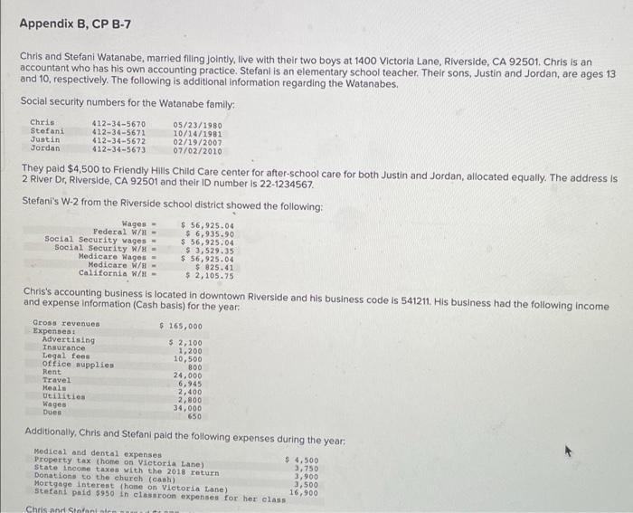plz help me Appendix B, CP B-7 Chris and Stefani Watanabe, married