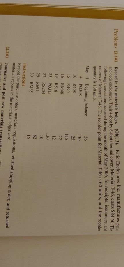  4 Problems (3.1A) Record in the materials ledger. (Obj. 3). Patio