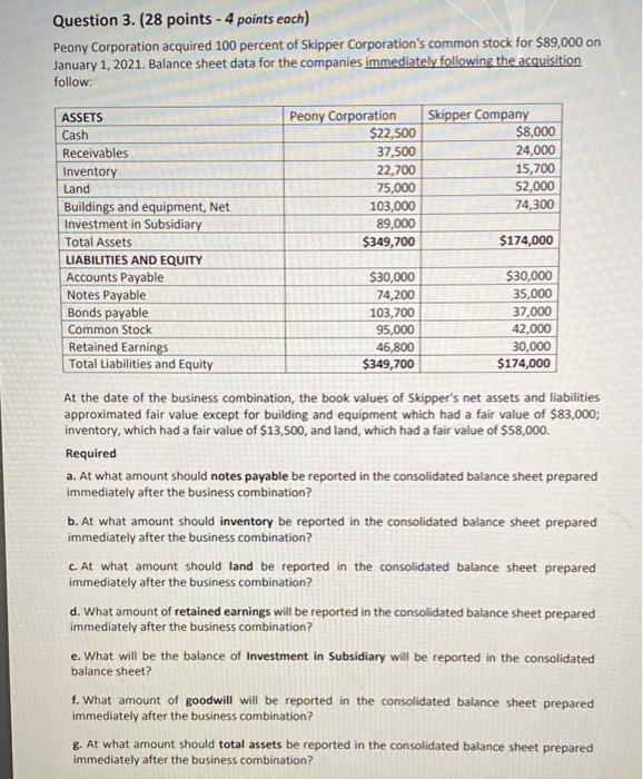  Question 3. (28 points - 4 points each) Peony Corporation acquired