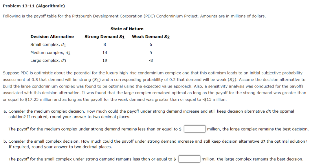 Question Content Area Problem 13-11 (Algorithmic) Following is the payoff table