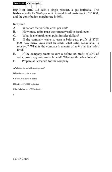  Exercise 11.9 CVP analysis Big Beef BBQ Ltd sells a single