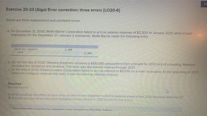  ch Exercise 20-23 (Algo) Error correction; three errors [LO20-6] Below are