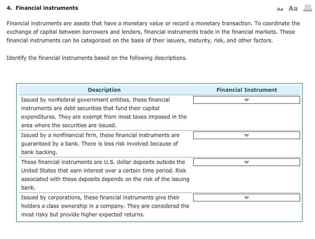  4. Financial instruments Aa Aa Financial instruments are assets that have