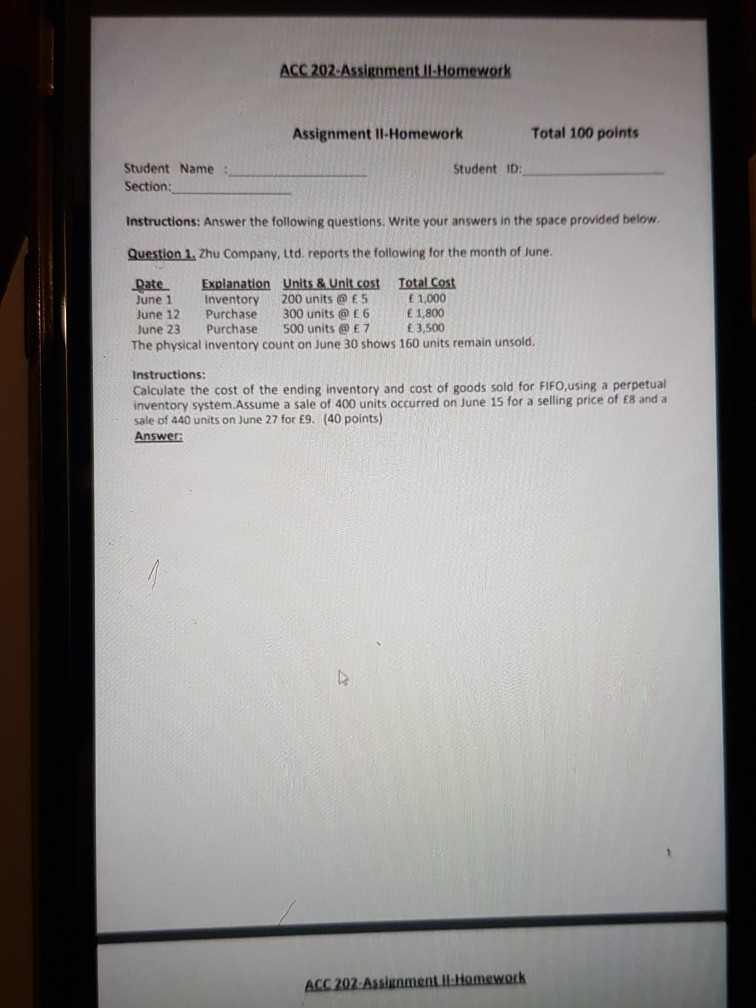  ACC 202-Assignment II-Homework Assignment II-Homework Total 100 points Student ID: Student