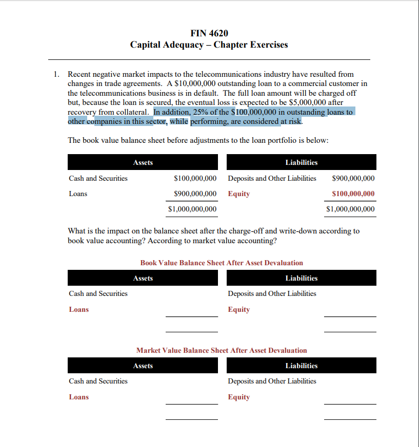  FIN 4620 Capital Adequacy - Chapter Exercises 1. Recent negative market