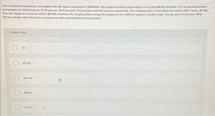  Pear Orchards is evaluating a new project that will require equipment