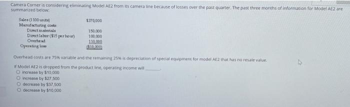 please answer the Q: Camera Corner is considering diminating Model AE2 from