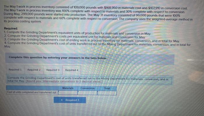 T-account for the Grinding Department for May is given below Work in