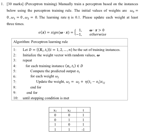  1. [30 marks] (Perceptron training) Manually train a perceptron based on