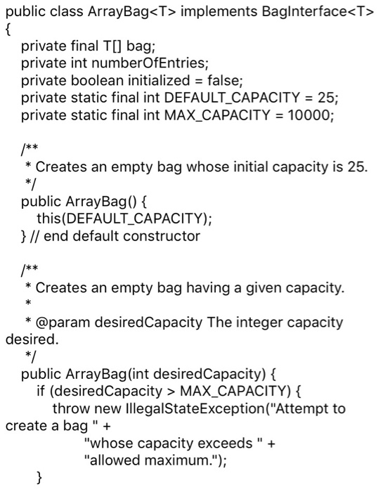 the bag interface using an array of well as a class called,