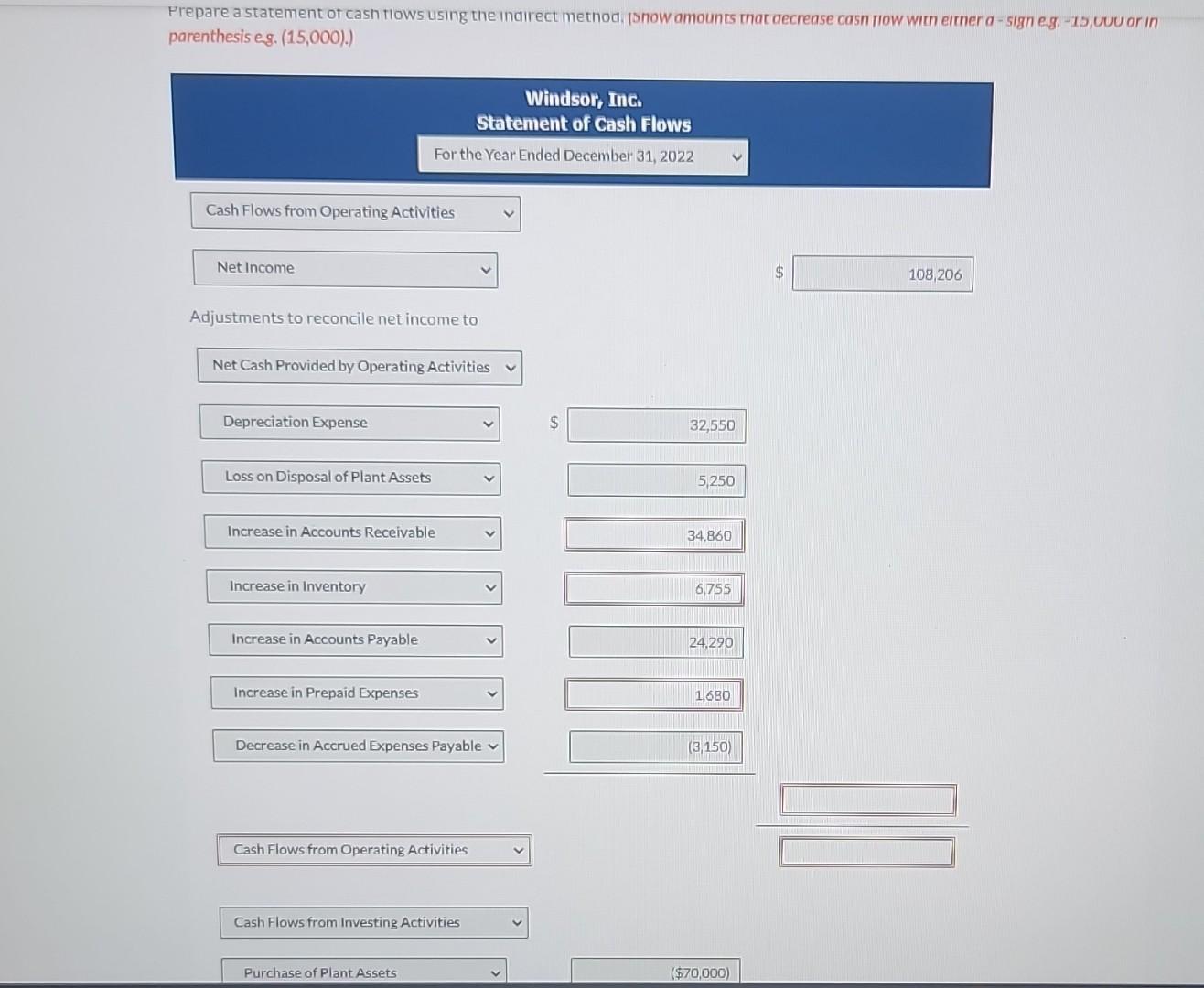 Prepare a statement of cash tlows using the indirect method, (snow
