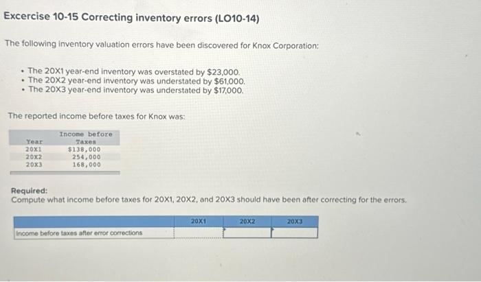  Excercise 10-15 Correcting inventory errors (LO10-14) The following inventory valuation errors