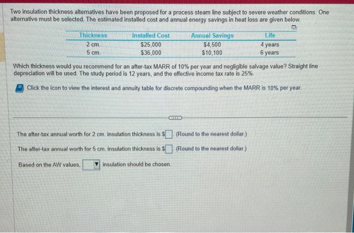  Two insulation thickness alternatives have been proposed for a process steam
