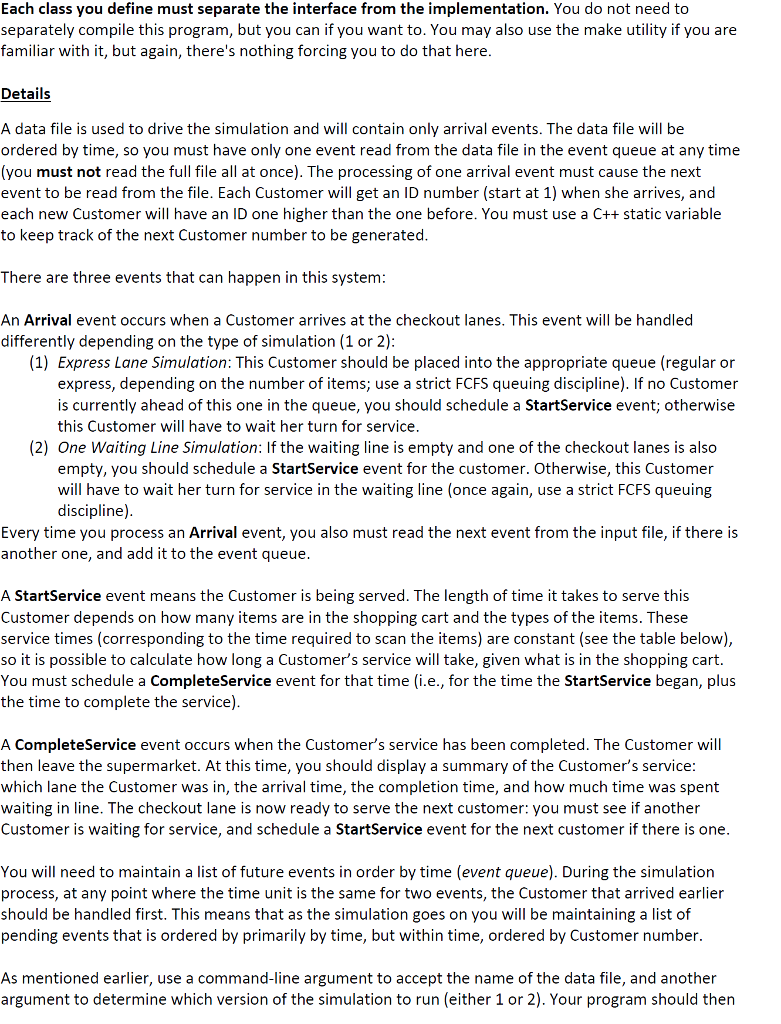 in C++, you will write a program that will use a discrete-event