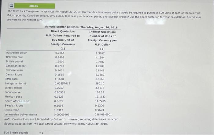  eBook The table lists foreign exchange rates for August 30, 2018.