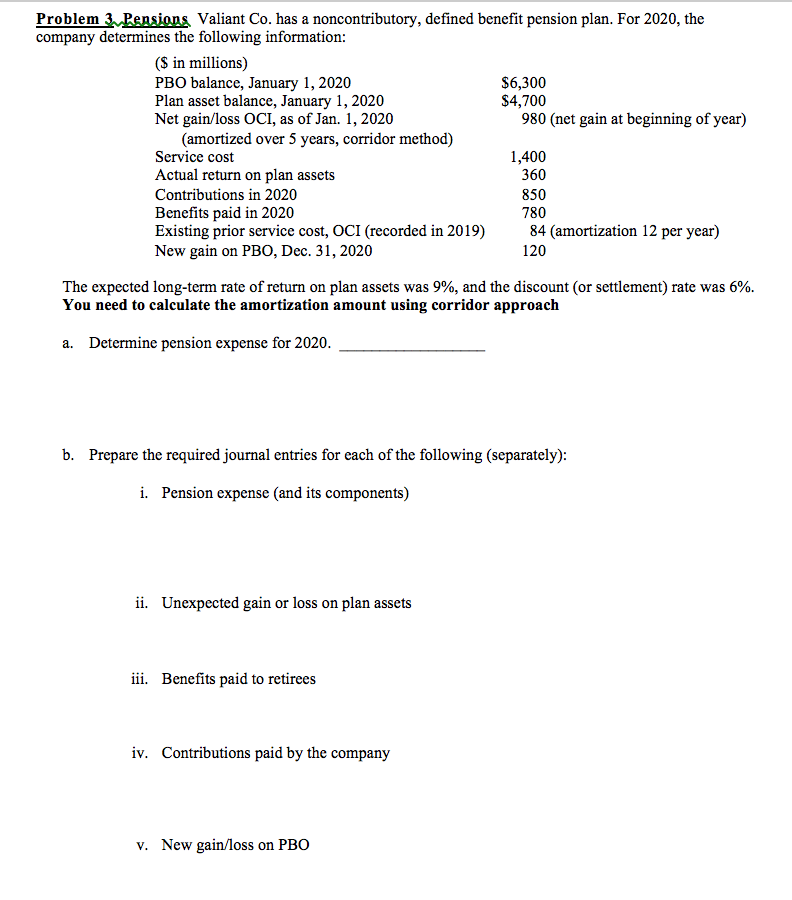 Problem 3. Pensions Valiant Co. has a noncontributory, defined benefit pension