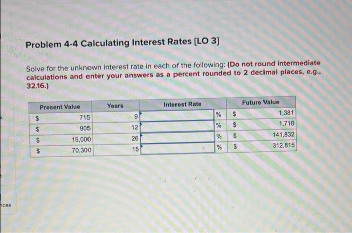  Problem 4-4 Calculating Interest Rates [LO 3] Solve for the unknown