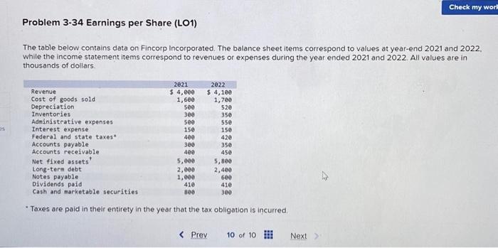  Problem 3-34 Earnings per Share (LO1) The table below contains data