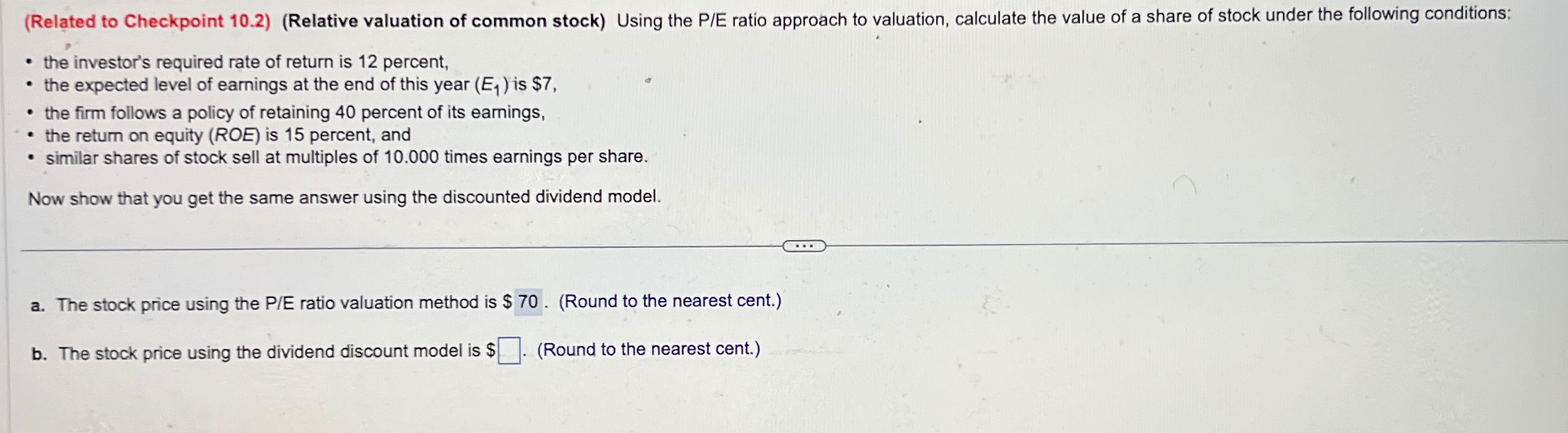  (Related to Checkpoint 10.2)(Relative valuation of common stock) Using the P/E