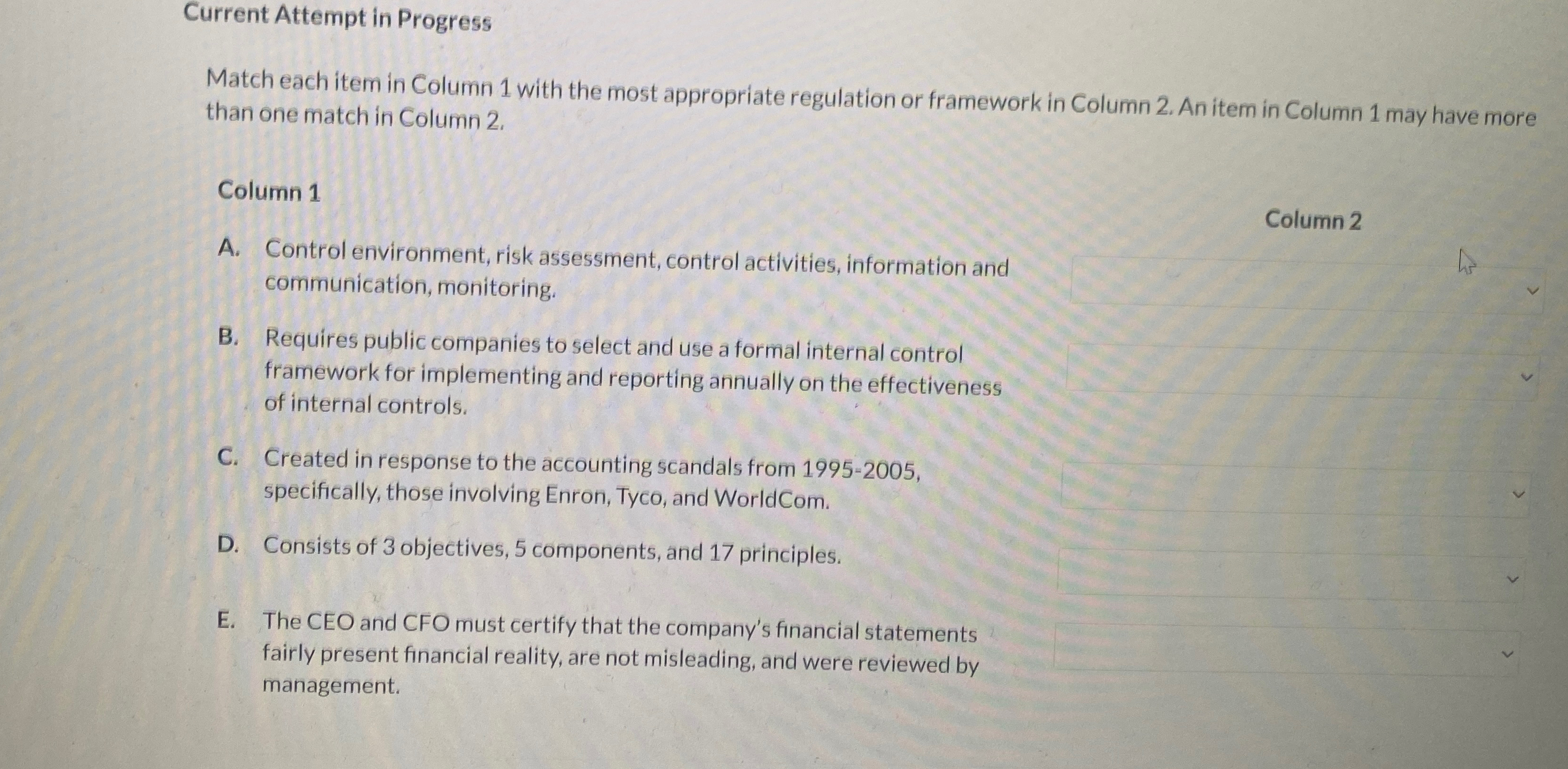  Current Attempt in Progress Match each item in Column 1 with
