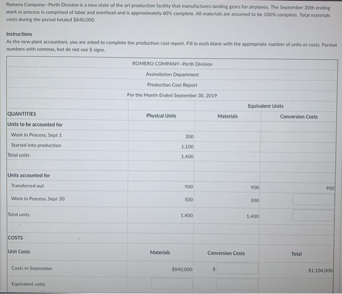  Please answer instructions, Thanks :) Romero Company -- Perth Division is