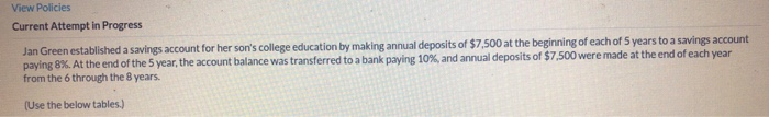  View Policies Current Attempt in Progress Jan Green established a savings