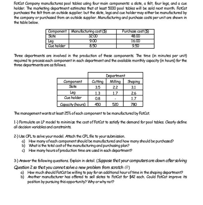 PLEASE SOLVE ONLY SEND OPL CODE FatCat Company manufactures pool tables using