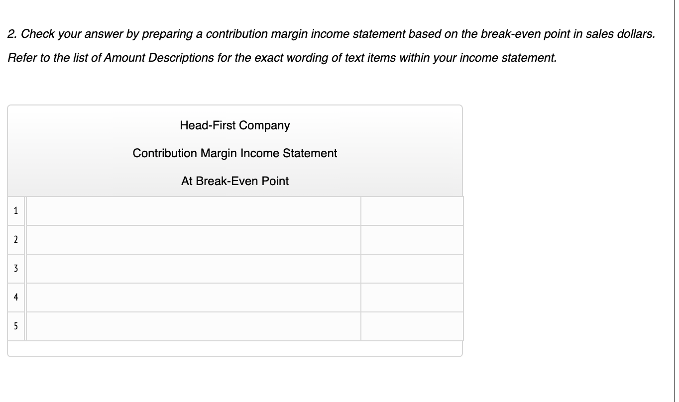 statement based on the break-even point in sales dollars. Refer to the