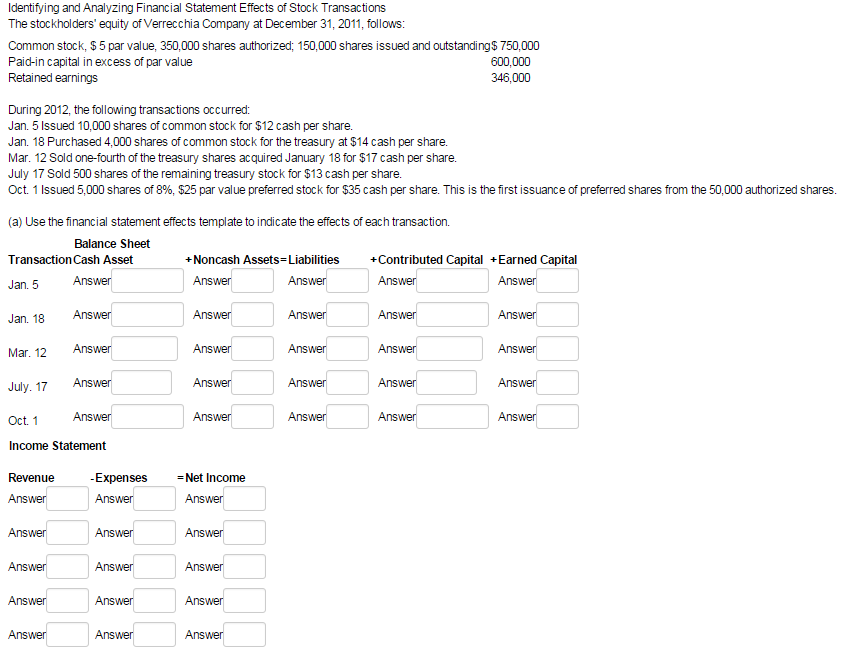 Please show work! Identifying and Analyzing Financial Statement Effects of Stock Transactions
