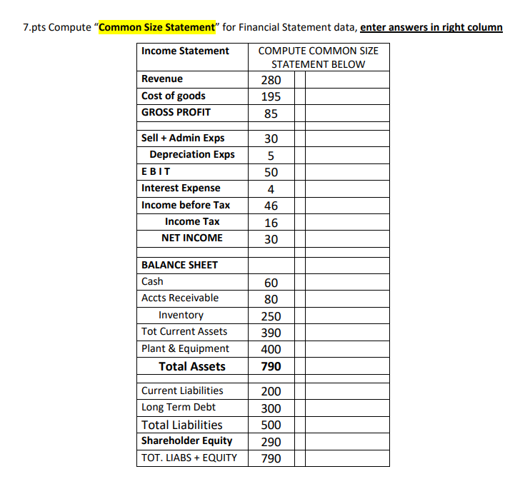 7.pts Compute "Common Size Statement" for Financial Statement data, enter answers