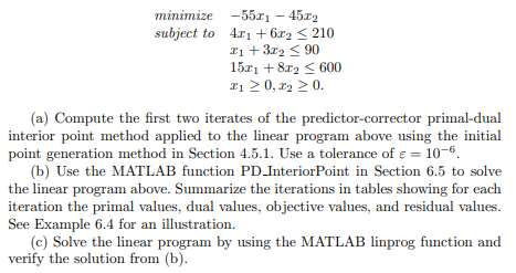  Consider the linear program minimize -55x1-45x2 subject to4x1+6x2210, x1+3x290, 5x1+8x2600, x10,x20.